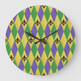 Grande Horloge Ronde Mardi Gras Arlequin Fleur De Lis
