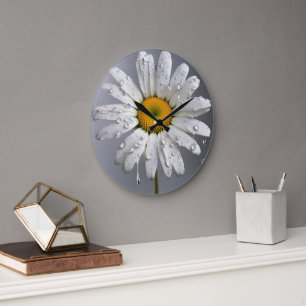 Grande Horloge Ronde Marguerite blanche avec gouttes de pluie