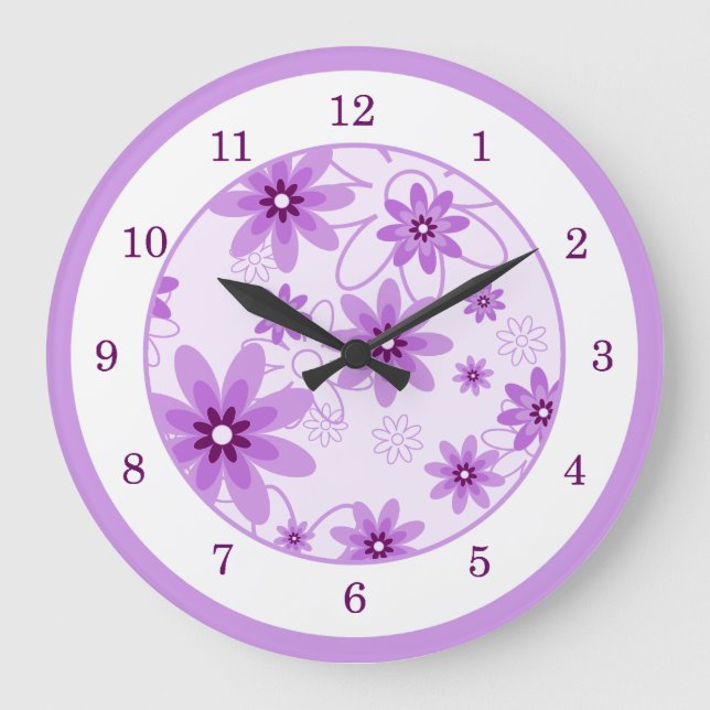 Grande Horloge Ronde Marguerites violettes et blanches (Recto)