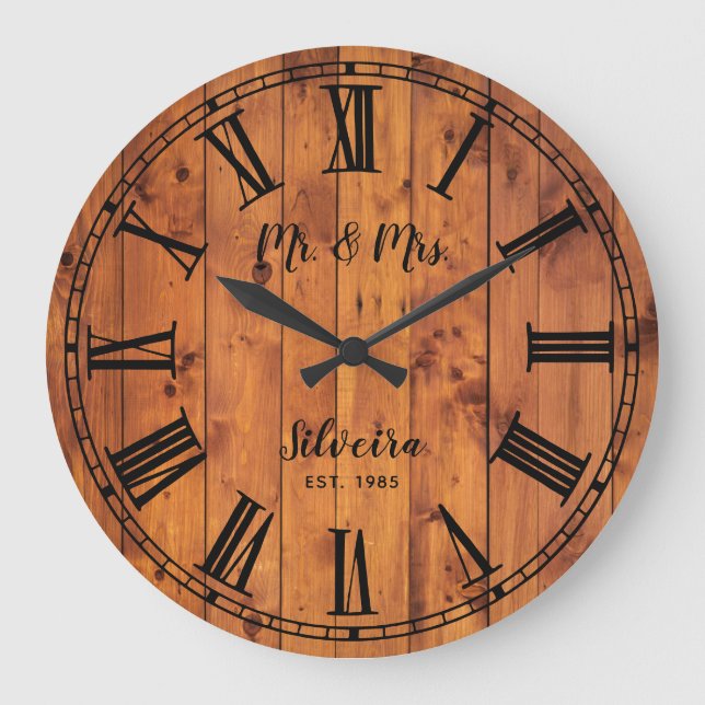 Grande Horloge Ronde Mariage Anniversaire Rustic Wood M. Mme Country (Recto)