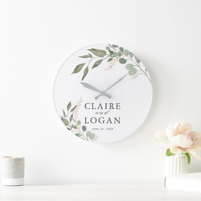 Grande Horloge Ronde Mariage élégant Eucalyptus Or Sage Vert (Maison)