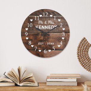 Grande Horloge Ronde Mariage en bois Patiné Brown rustique