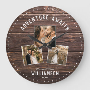 Grande Horloge Ronde Mariage Rustique moderne, photo-collage