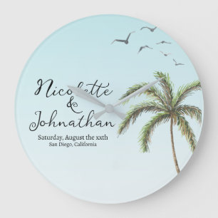 Grande Horloge Ronde Mariage Simple à la Plage avec Palmier et Oiseaux