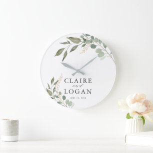Grande Horloge Ronde Mariage Vert Sauge Or Eucalyptus