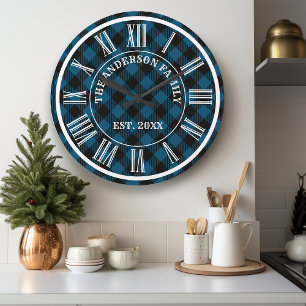 Grande Horloge Ronde Marine et carreaux de buffle noir rustique chiffre