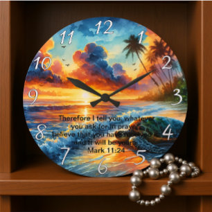 Grande Horloge Ronde Mark 11:24 Réflexion fidèle de la croix du coucher
