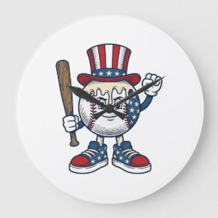 Grande Horloge Ronde Mascotte de baseball patriotique dessin de gravure
