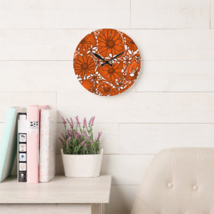 Grande Horloge Ronde Mazipoodles Fleurs d'Amour - Brown orange brûlé
