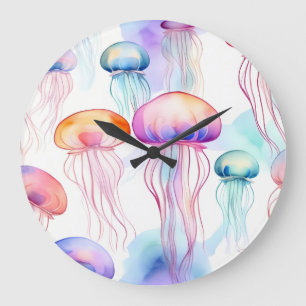 Grande Horloge Ronde Méduse colorée abstraite d'aquarelle