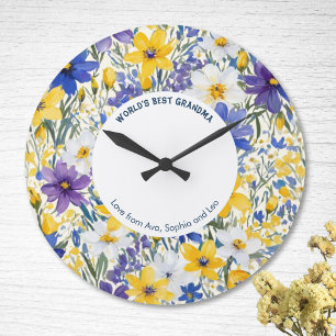 Grande Horloge Ronde Meilleure Mamie du Monde Fleurs Personnalisées