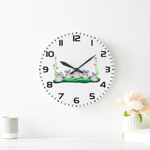 Grande Horloge Ronde Mélange souris de dessin sur l'herbe avec fleurs