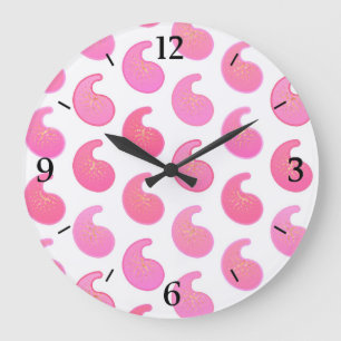 Grande Horloge Ronde Menthe rose paisley sur fond blanc