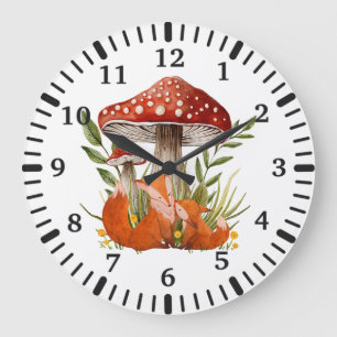 Grande Horloge Ronde Mère Fox et son bébé sous les grands champignons