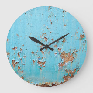 Grande Horloge Ronde Métal bleu rouillé : Mur texturé.