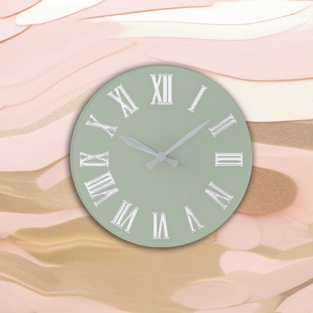 Grande Horloge Ronde Métallique minima chiffres romains Silver Mint Gre (Metallic Minimal Roman Numbers Silver Mint Green Large Clock)