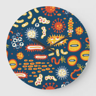 Grande Horloge Ronde Microorganismes Bleu foncé : Motif de biologie