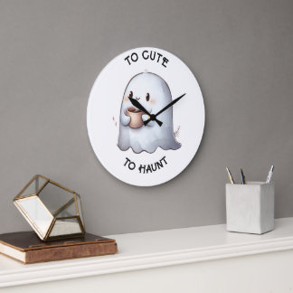Grande Horloge Ronde Mignon fantôme Kawaii tenant un café Aquarelle 