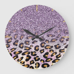 Grande Horloge Ronde Mignon fille tendance violet faux paillettes léopa