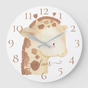 Grande Horloge Ronde Mignon Girafeau Bébé Aquarelle Personnalisé Nom