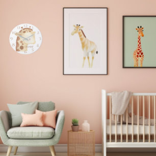 Grande Horloge Ronde Mignon Girafeau Bébé Aquarelle Personnalisé Nom