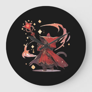 Grande Horloge Ronde Mignon Héros Chat Mage Rouge