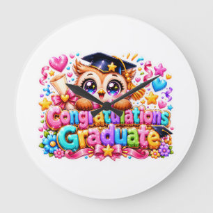 Grande Horloge Ronde Mignon Kawaii Félicitations Diplômé Hibou Pastel P