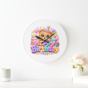 Grande Horloge Ronde Mignon Kawaii Joyeux Anniversaire Ours en Peluche 