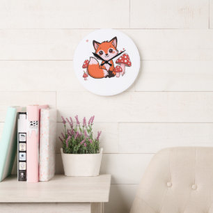 Grande Horloge Ronde Mignon Ren Kawaii avec Champignons Dessin Animé