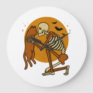 Grande Horloge Ronde Mignon squelette étreignant un chat design gothiqu