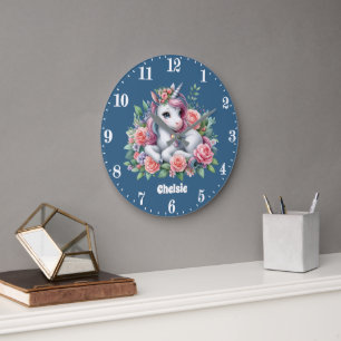 Grande Horloge Ronde Mignonne licorne filles ajouter nom
