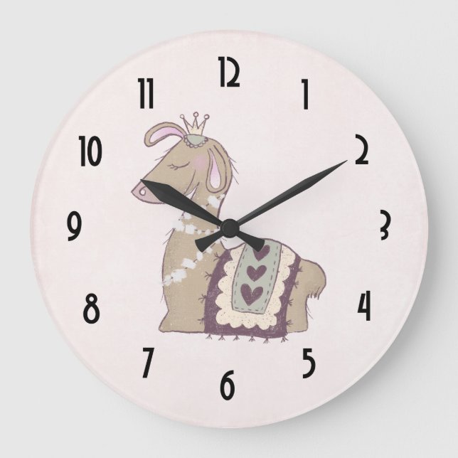 Grande Horloge Ronde Mignonne Llama Princesse portant une couronne (Recto)