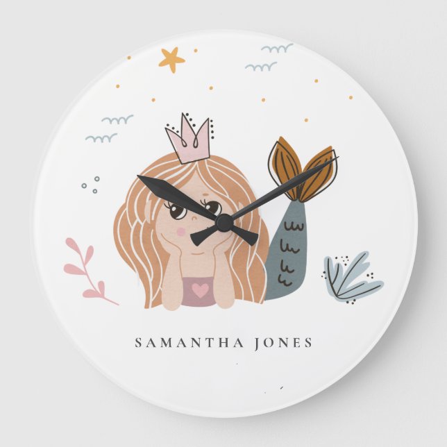 Grande Horloge Ronde Mignonne Petite Maillot Sirène Aquarelle Fille (Recto)