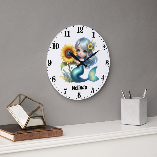 Grande Horloge Ronde Mignonnes filles imaginaire sirène ajouter nom (Bureau)