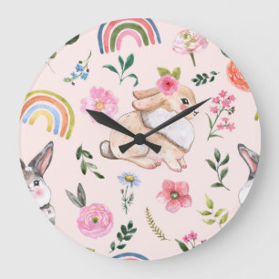 Grande Horloge Ronde Mignons lapins de Pâques modèle floral