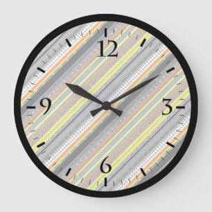 Grande Horloge Ronde Mignons motifs aztèques gris jaune orange