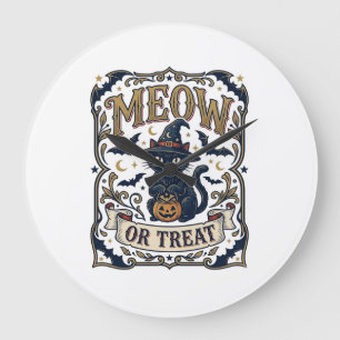 Grande Horloge Ronde Minou ou traiter Chat Halloween Chat effrayant Vin