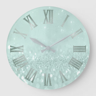 Grande Horloge Ronde Mint Green Pastel Parties scintillant Métal gris 