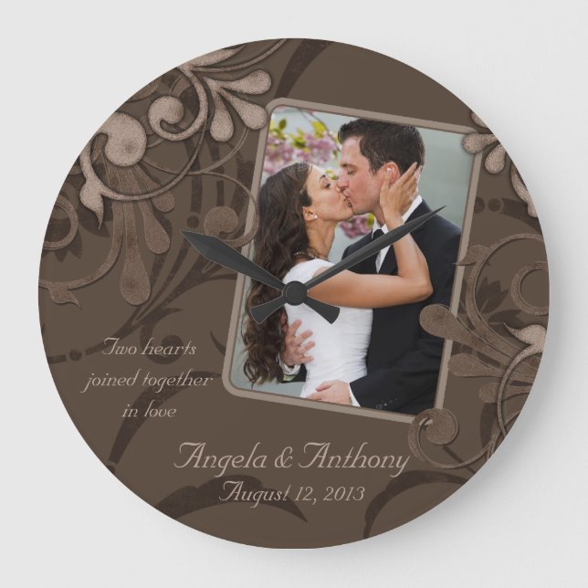 Grande Horloge Ronde Mocha Brown Floral Modèle photo personnalisé (Recto)