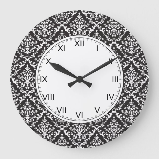 Grande Horloge Ronde Modèle Damas noir et blanc (Recto)