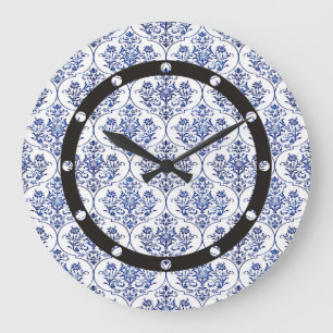 Grande Horloge Ronde Modèle de damas fleuri - bleu