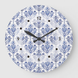 Grande Horloge Ronde Modèle de damas fleuri - bleu