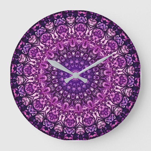 Grande Horloge Ronde Modèle de Damas florales pourpres (Recto)