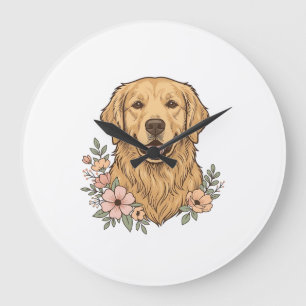 Grande Horloge Ronde Modèle de gravure vintage floral Golden Retriever_