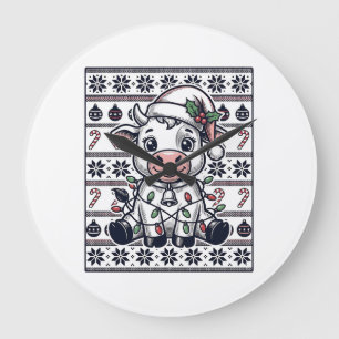 Grande Horloge Ronde Modèle de pull moche de Noël de vache gravé vintag