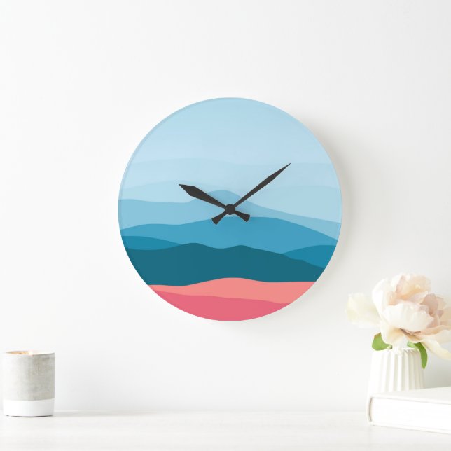 Grande Horloge Ronde Modern Abstract Pastel Blue Pink Mountains (Maison)