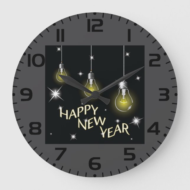 Grande Horloge Ronde Modern Glowing Light Bulbs Happy New Year (Recto)