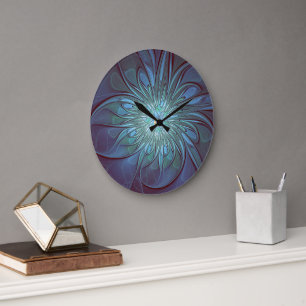 Grande Horloge Ronde Moderne Abstrait tendance Fleur bleue Fractal Art