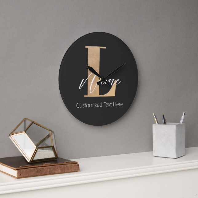 Grande Horloge Ronde Moderne Monogramme Initiale L & Nom Personnalisé (Bureau)