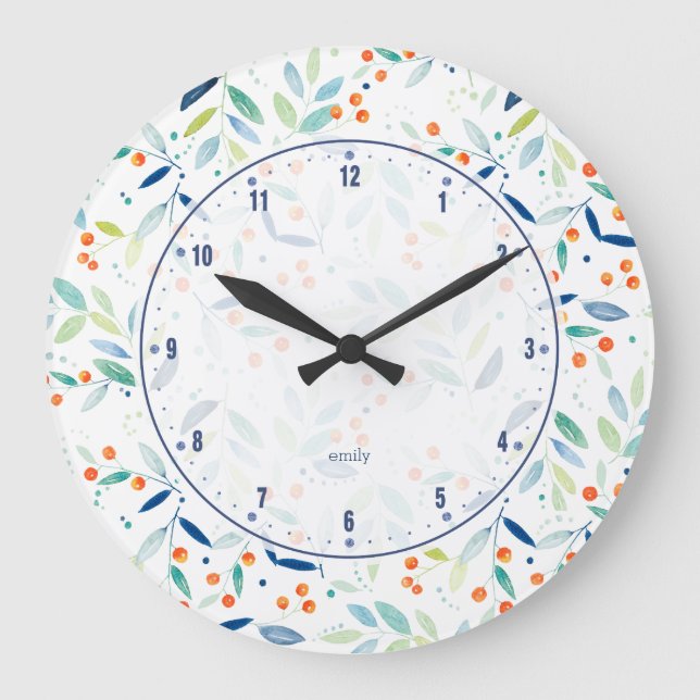 Grande Horloge Ronde Moderne Pastel Botanical Leafs & Berries Motif (Recto)
